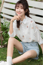 Cat Cartoon Printed Half Sleeve Length Loose Shirt